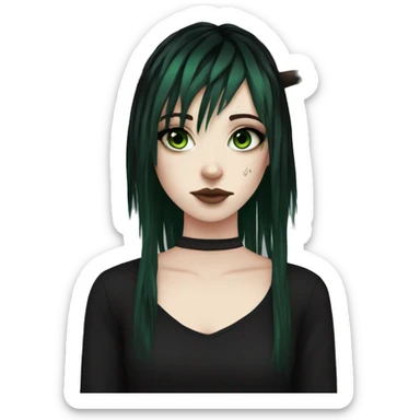 Emo girl, pale skin, green eyes, black dreads, bangs, black clothes, eyeliner, deer antlers  sticker