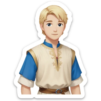 Medieval summer outfit worn by a DnD themed fantasy male character. Light cotton tunic in natural cream color with short sleeves, embroidered with simple floral patterns at the hem, paired with a thin leather belt. Clothes only above the waist, full waist coverage. The character has no arms. Character is white-skinned with golden blonde hair styled in a classic page-cut that falls just above the ears, slightly longer in the back, bright blue eyes, and youthful features. sticker