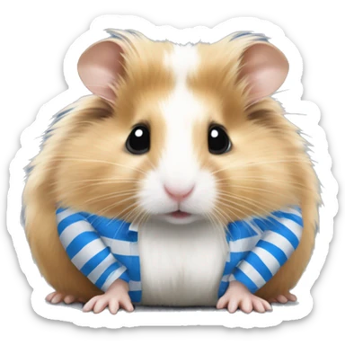 Full Blonde long haired Syrian hamster with a white and blue striped dirty shirt sticker