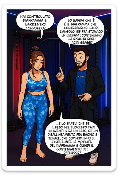 TRASFORMA QUESTO CAROSELLO IN UN FUMETTO STILE WEBTOON/MANGA A COLORI CON QUESTE DUE PERSONE IDENTICHE CHE INTERLOQUISCONO TRA LORO, L'uomo sta spiegando alla donna questo concetto:

LUI (UOMO): Hai controllato diaframma e baricentro corporeo?
LUI (UOMO): Lo sapevi che è il diaframma che contraendosi chiude l’angolo his fra stomaco ed esofago, contenendo la risalita degli acidi grassi?
LUI (UOMO): …e lo sapevi che se il peso del tuo corpo cade in avanti o da un lato, c’è un disallineamento fra bacino e torace, che comprimendo le coste, limita la motilità del diaframma e quindi il contenimento del reflusso? sticker