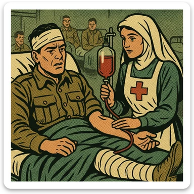 A world war one British soldier in an army hospital bed.  The soldier has a bandage around his head, with a splint on one of his legs.  He is also being given a blood transfusion from an army hospital nurse. In the background are other injured soldiers.  The main colour of the image is khaki and greens sticker