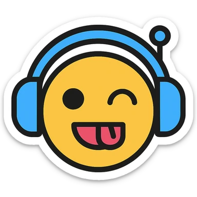 playful AI chatbot emoji, round face, headphones, text style, minimal lines sticker
