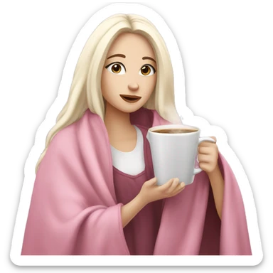 A pretty white girl with very long black hair  in a pink blanket sipping coffee sticker
