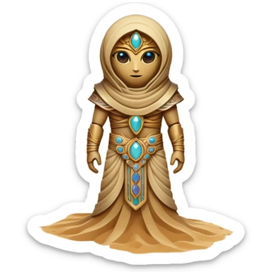 A guardian made of interlocking dunes that forms temporary bodies from compressed sand, adorned with gemstone eyes that change color to warn of approaching sandstorms or oasis locations. full body sticker