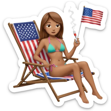 Woman with straight light brown hair in a bikini in a beach chair vaping with an american flag sticker
