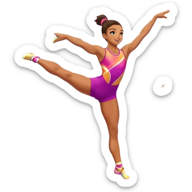 A professional performing a dynamic aerobic routine, dressed in a vibrant workout outfit. The gymnast is mid-jump, arms extended gracefully, with one leg lifted in a high kick. The background features a spacious fitness studio with mirrors, colorful mats, and energetic lighting.  sticker