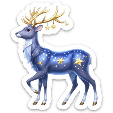 Celestial Stag emoji – full body, majestic stag with shimmering silver body and deep midnight-blue fur, tall glowing golden antlers shaped like constellations, small star accents, slight side angle sticker