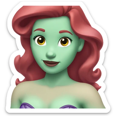 Ariel the little mermaid with pale skin. She has blue eyes. She has a green tail. She has a purple bikini top. She has bright red wavy hair. sticker