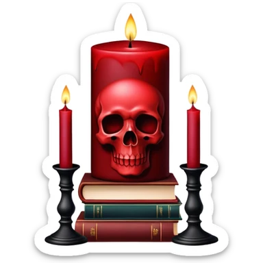 Dark Red candle on a black stand, books, skull, gothic style, beautiful aesthetic  sticker