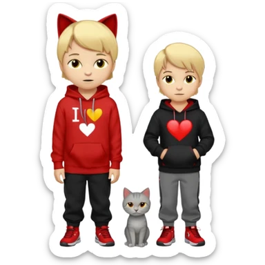 A 8 year old boy wearing a red and black hoodie say I heart cats he’s blond he has red Jordan’s and Hess wearing black pants he’s next to a gray cat with yellow eyes  sticker