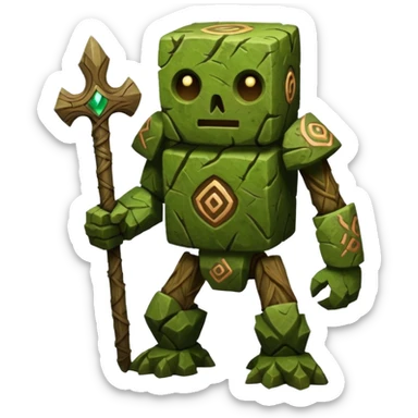 Ancient Moss-Green Stone-Flecked Runic-Engraved Bark-Skinned Forest Golem-Fakémon creature (full body) sticker