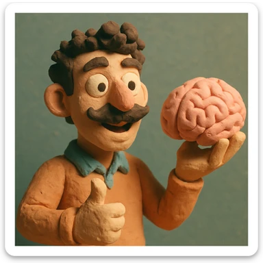Enhance the claymation man holding a brain by adding more depth and dimension to the image. Make him more attractive and quirky, inspired by the first version, with dark curly hair, thick mustache, light skin, claymation style, visible fingerprints, and pastel colors. sticker