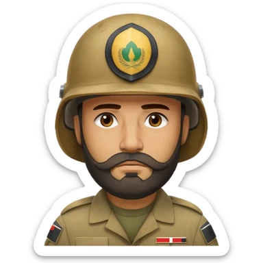 very tired Iraqi military, in a helmet, with a beard sticker