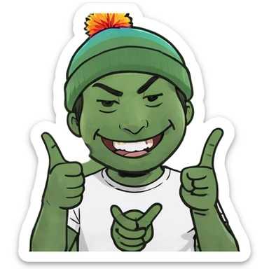 A guy making finger guns to his head while laughing sticker