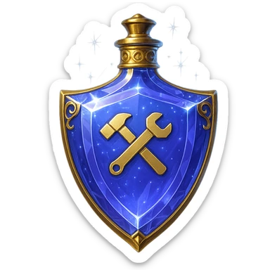 premium class crystal elixir bottle in shield shape, color #7986cb, with 🛠 symbol on the bottle, lots of shining, edges, ornaments, golden details, magical effects, very small golden neck, transparent background, beautiful seamless bottom, bottle clearly floating in air, no base or shadow, very luxurious, modern, matching a collection sticker