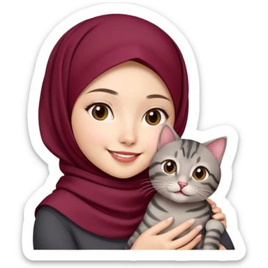 Asian White girl wearing cute maroon hijab holding a black grey tabby cat while smiling.  sticker