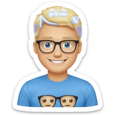 portrait of adult man no old man, wearing a t-shirt, square glasses, grinning face, blond hair sticker