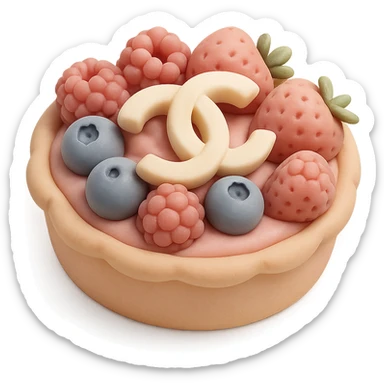 pastel Chanel tart with berries and a white chocolate logo, fondant cake art style sticker