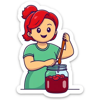 redhead woman with big smile taking some jam with a spoon from glass jar sticker