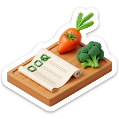 carrot tomato brocoli on the wooden cutting board with floating rolled paper list with green checkboxes sticker