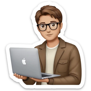 brown balayage college stylish man with MacBook with glasses sticker