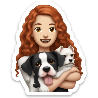 Long Red haired woman with septum piercing holding black and white English Staffordshire dog sticker