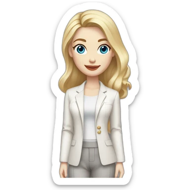 pale skin woman with blonde straight line Hair to shoulders, blue eyes, White classical jacket, Gray Palazzo pants holding a color palette in the hands sticker