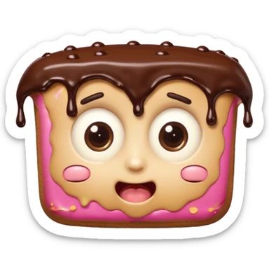 Rectangular chocolate mini pastry, slightly messy and squished, chocolate dripping, big round eyes, wide open mouth, playful surprised expression, text above: "ПАСТИЧКА", chibi style, Twitch emoji style, transparent background, colorful

 sticker
