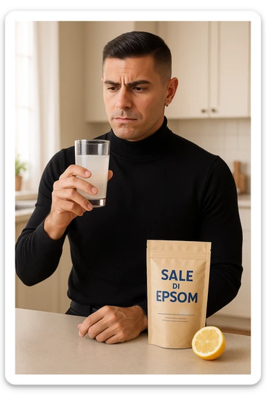 A realistic, bright photo-style image of a young man in his 30s standing in his kitchen, holding a clear glass filled with water in which Epsom salt (magnesium sulfate) has been dissolved. He looks focused but slightly uncertain as he prepares to drink it for a liver flush or digestive cleanse. The glass shows slight cloudiness from the dissolved salt. On the counter are a packet labeled 'Sale di Epsom' and a sliced lemon, suggesting he might use it to mask the taste. The setting is clean, natural, and bright with neutral tones. The background shows sunlight streaming through a window, emphasizing a clean, minimalist health-focused environment. The mood conveys a realistic, calm moment of self-care with a hint of discomfort, illustrating a natural detox practice in italiano sticker