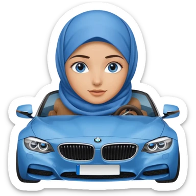 Turkish beautiful finish Konya girl blue eyes with denim hijab dress and driving bmw car sticker