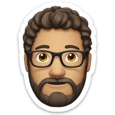 guy with curled mid long hair, brune, with glasses, with small facial hair sticker