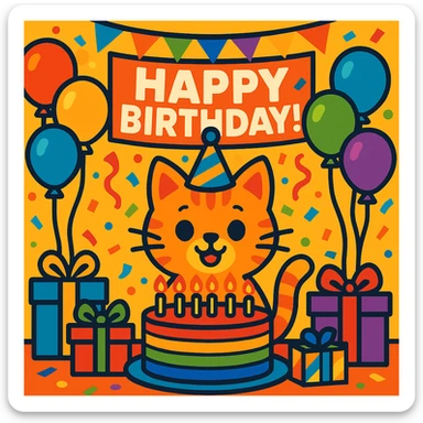 birthday party scene with rainbow balloons, multicolored decorations, confetti, large rainbow birthday cake, gifts, festive atmosphere, featuring a ginger tabby kitten wearing a birthday hat as the main character, with a prominent 'Happy Birthday!' message sticker