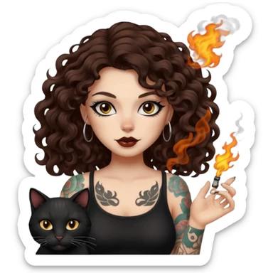 woman with long curly brown hair, brown eyes, white skin, tattoos, black cat turning into smoke and back sticker