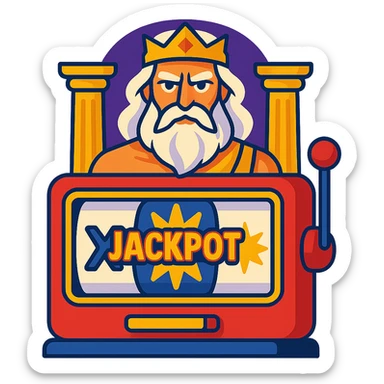 Slot machine emoji inspired by Gates of Olympus showing Zeus, ancient Greek pillars, and a glowing jackpot sticker