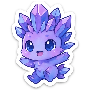 chibi kawaii crystal sprite creature in purple, blue, and pink colors, jumping pose, cute and adorable sticker
