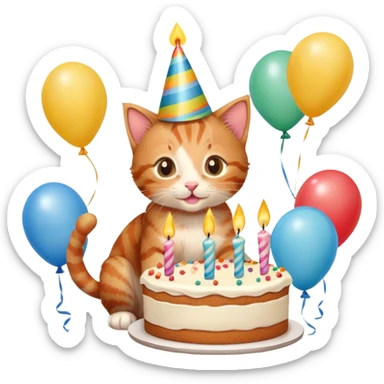 Ginger tabby kitten celebrates birthday, birthday hat, birthday cake, one candle, balloons, happy, gifts sticker