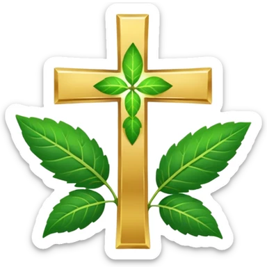 "A clean, friendly emoji of three vibrant green Tulsi (Holy Basil) leaves centered over a small, glowing golden cross or 'plus' sign, symbolizing healing. Simple, flat, 32x32 pixel icon style. Transparent background. Icon for natural healing and wellness." sticker