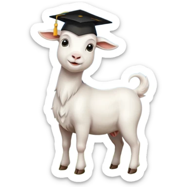 proud confident white goat emoji with black graduation cap, standing on green grass, blue sky background sticker