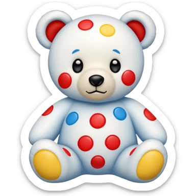 White teddy bear covered with blue, red and yellow spots sticker