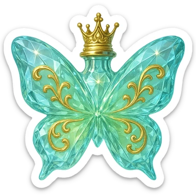 Make the neck of the crystal butterfly-shaped bottle smaller and shorter for a subtle look. Add a small, elegant princess crown as the stopper on top. Keep the bottle crystal clear with golden details, predominantly light green (#c0ff53) and blue colors. The background should be transparent with a beautifully blended bottom and the bottle appearing to float in the air. The design should be bright, fantasy style, without any base or shadow. sticker