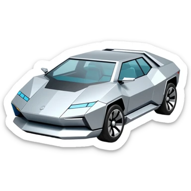 A futuristic chrome car emoji, sharp geometric body design inspired by cybertruck aesthetics, smooth silver metallic surface, matte and glossy chrome mix, minimal details, soft reflections, clean edges, iOS emoji style, centered, clean white background, soft studio lighting, no text sticker