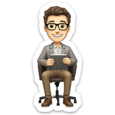 Joyful Celebrating victory Pale skinned Fit Man With dark brown hair in gray jacket, beige office shirt, Brown pants and vintage glasses sitting In a soft chair with a notebook and a pen sticker