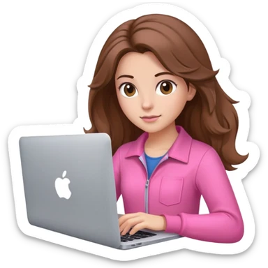Beautiful programmer girl with brown blowout hair and pink clothes working with MacBook sticker