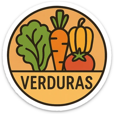 the word VERDURAS in a circular badge design with assorted vegetable motifs and earthy tones, produce label sticker