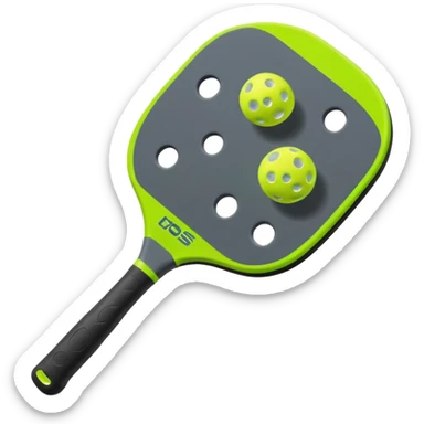 Pickleball paddle in dark grey, with pickleball ball in florescent green at 45 degrees sticker