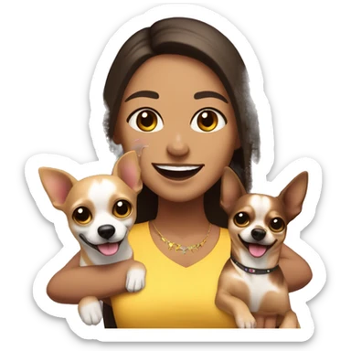 light skin rave woman with long dark brown hair expressing joy alongside a light brown chihuahua sticker