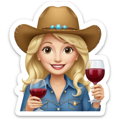 Dolly Parton with a huge glass of wine on a bachelorette trip and a cowboy hat sticker