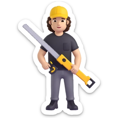 create a character with a saw, cute guy, curly, in a black t-shirt and a yellow cap, in 3d sticker
