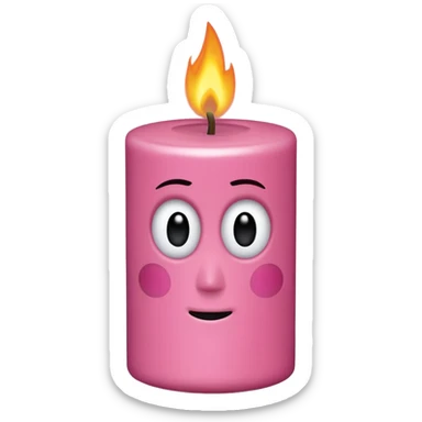 Draw a woody pink, Pixar-style candle with a flame and black eyes. The candle should be visible from the front and top. sticker