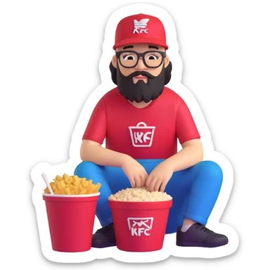 BBNO$ rapper sitting in a KFC bucket, glasses, beard, snapback cap sticker